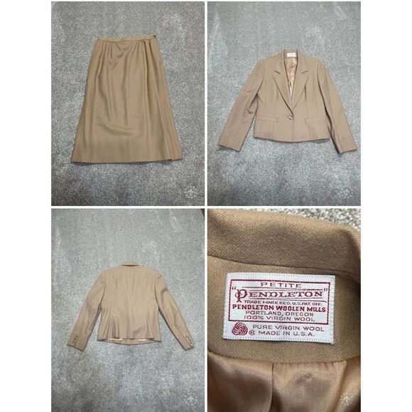 Pendleton womens single button blazer skirt set sz small petite beige USA Vtg - Picture 1 of 12